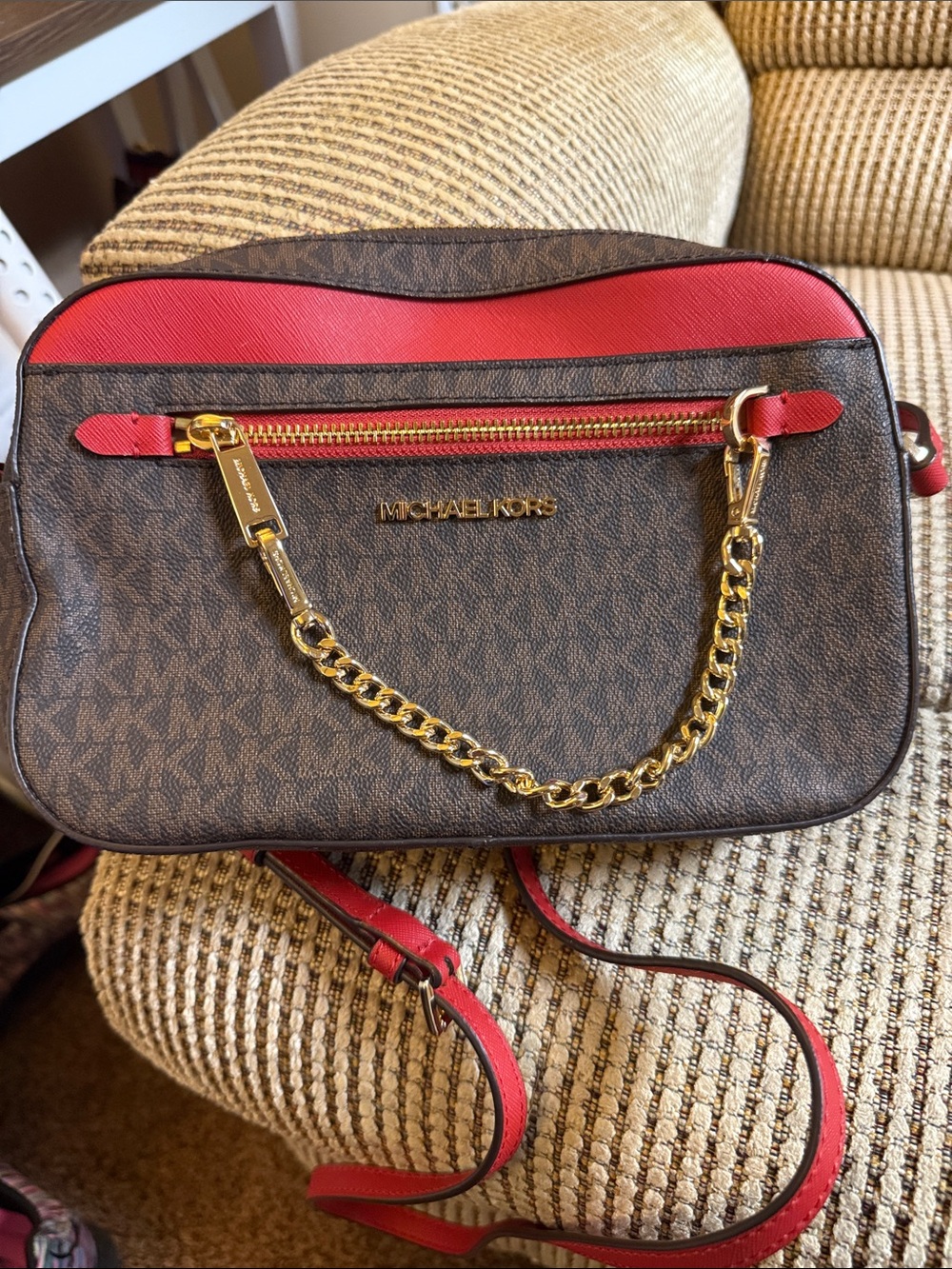 Michael Kors Brown Logo Crossbody with Red Trim and Gold Chain